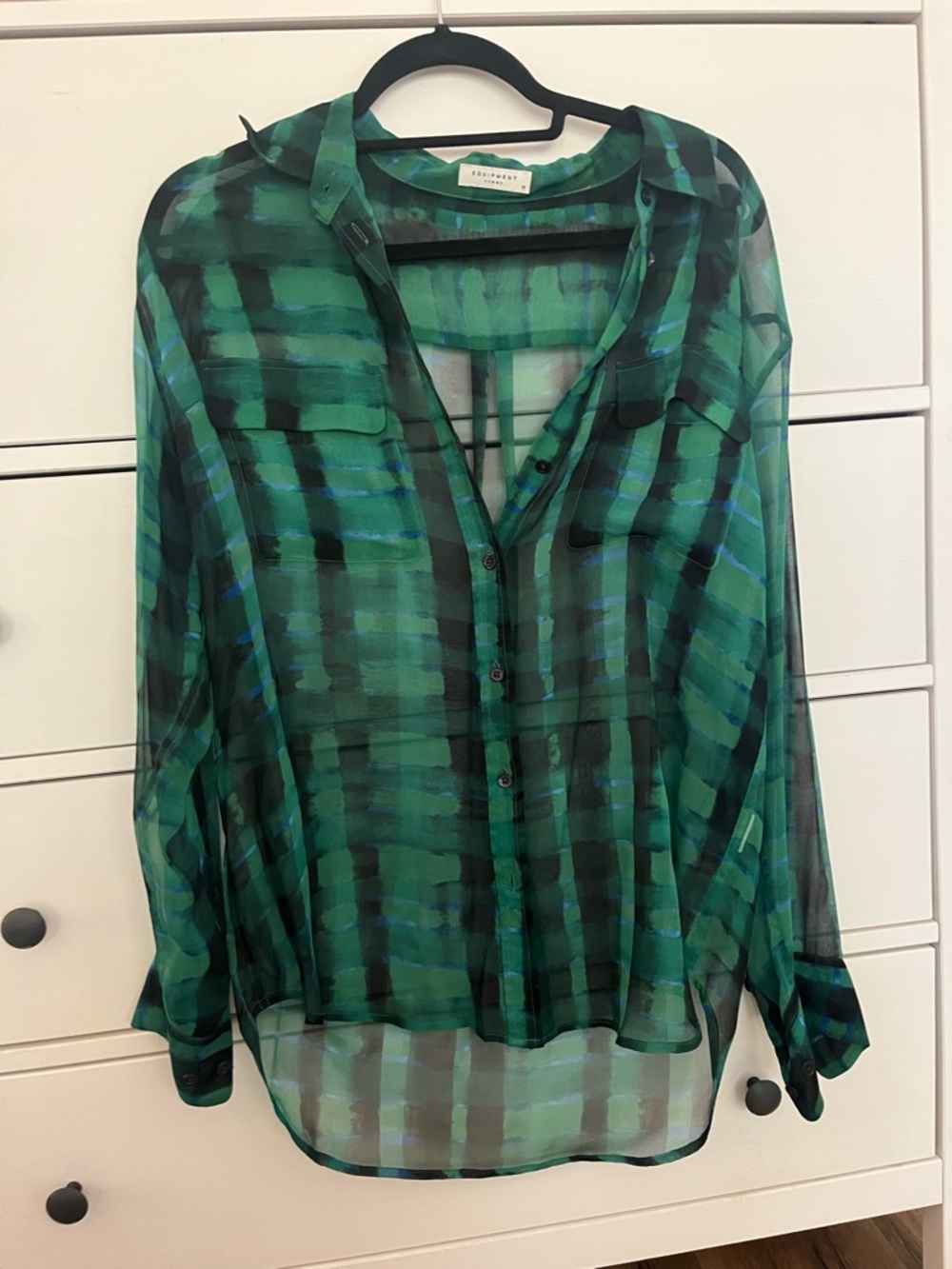 Equipment Green and Black Plaid Sheer Button-Down Blouse